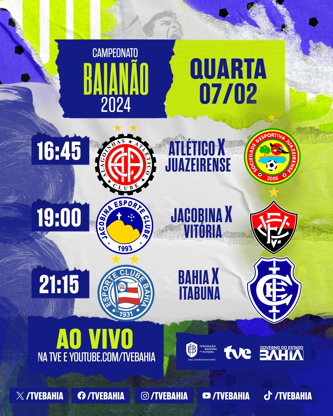 Atlético x Juazeirense, Jacobina x Vitória e Bahia x Itabuna nesta quarta na TVE