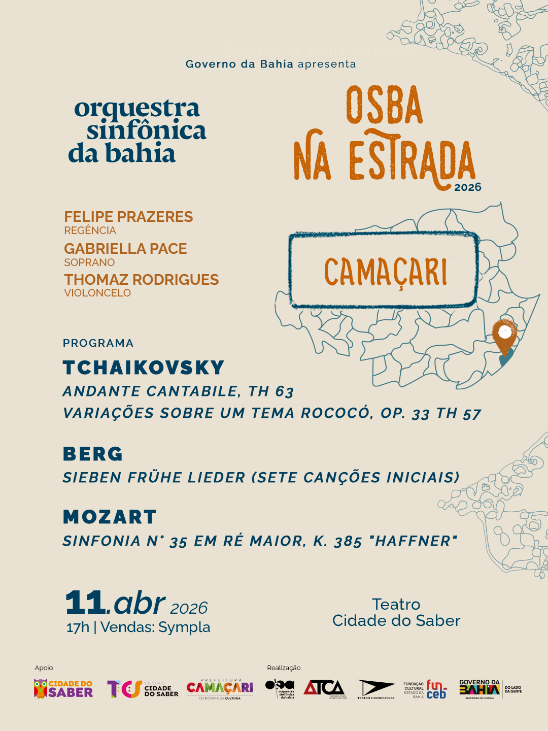 Orquestra Sinfônica da Bahia se apresenta no Teatro Cidade do Saber, em Camaçari, no dia 11 de abril