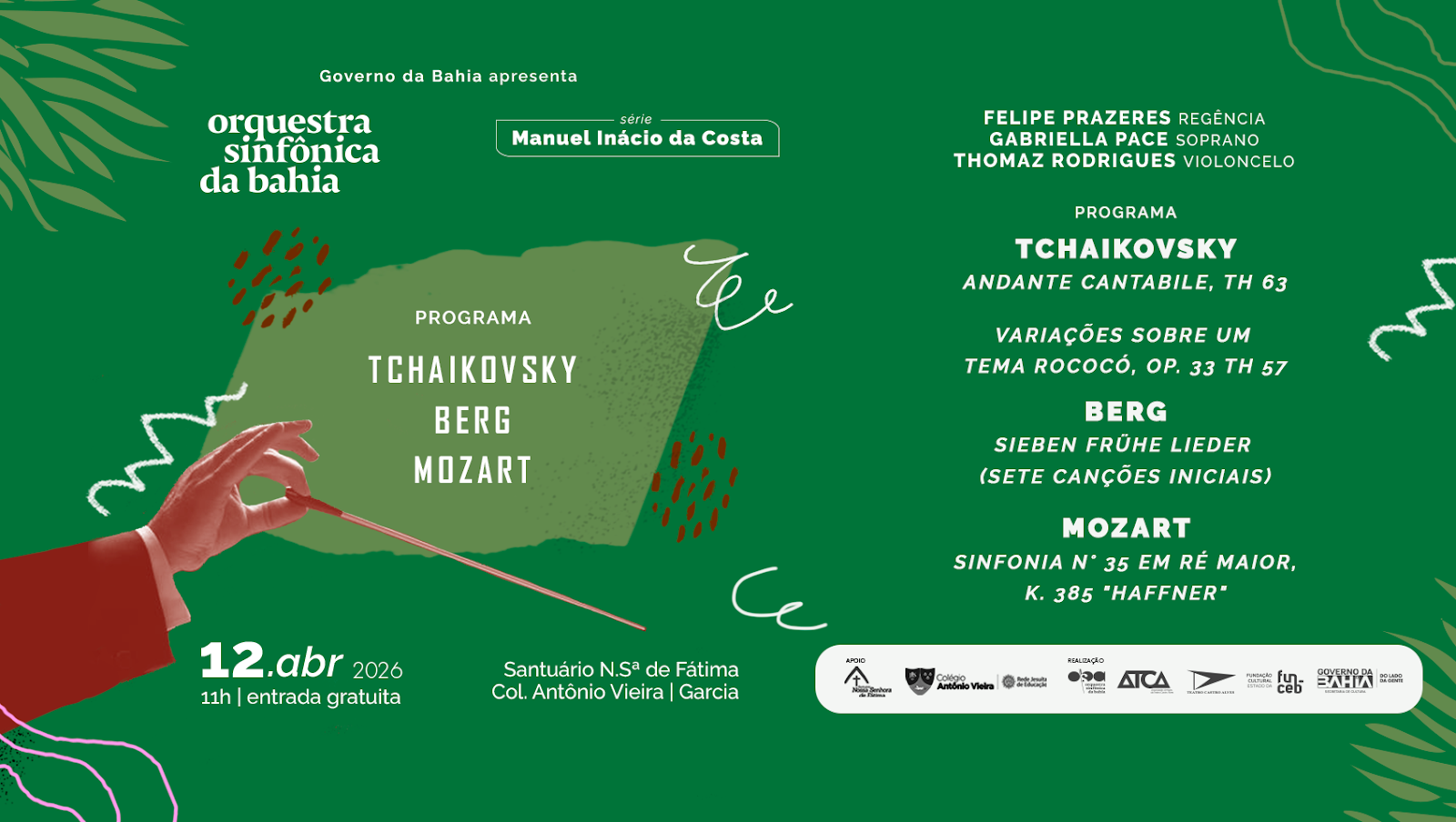 OSBA realiza concerto gratuito neste domingo (12), no Santuário Nossa Senhora de Fátima, interpretando obras de Mozart, Tchaikovsky e Berg