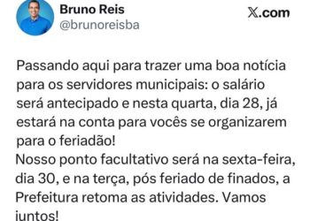 Bruno Reis anuncia antecipação dos salários dos servidores municipais de Salvador para quarta-feira (28)